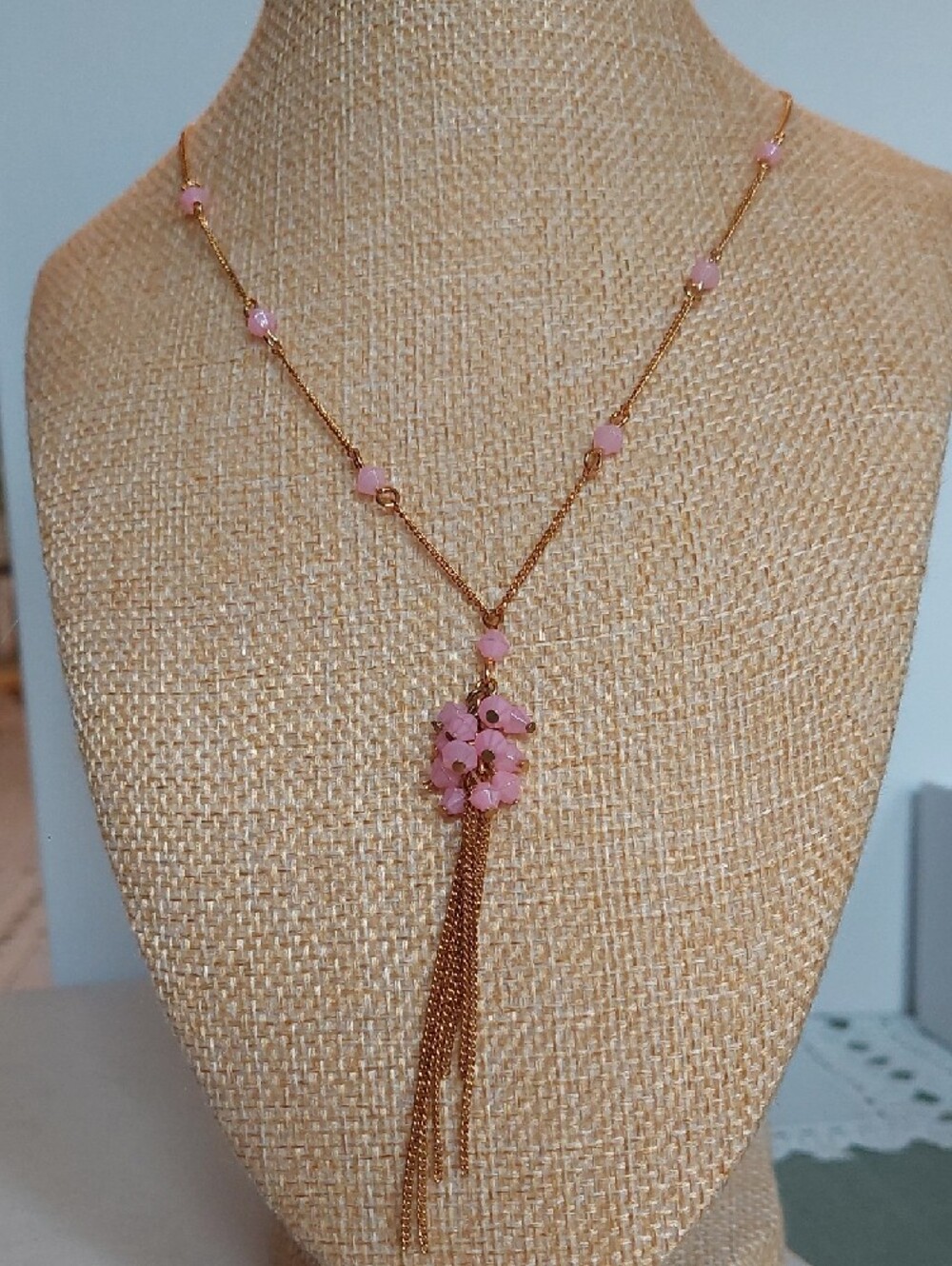 AVON Vintage Dainty Goldtone Chain Necklace with Pink Bead Tassel